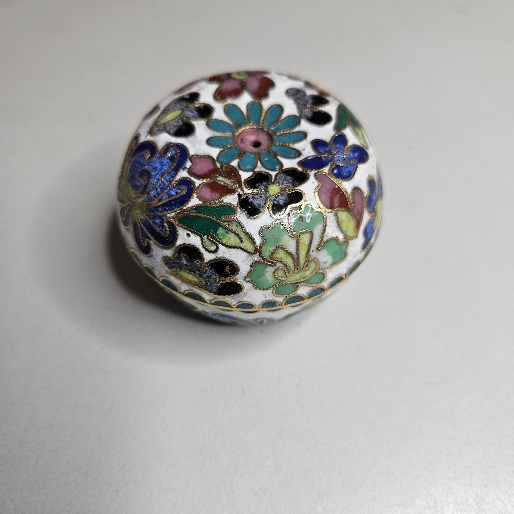Vintage Cloisonne Enamel Trinket Box Floral White Blue Round Pill Box Keepsake